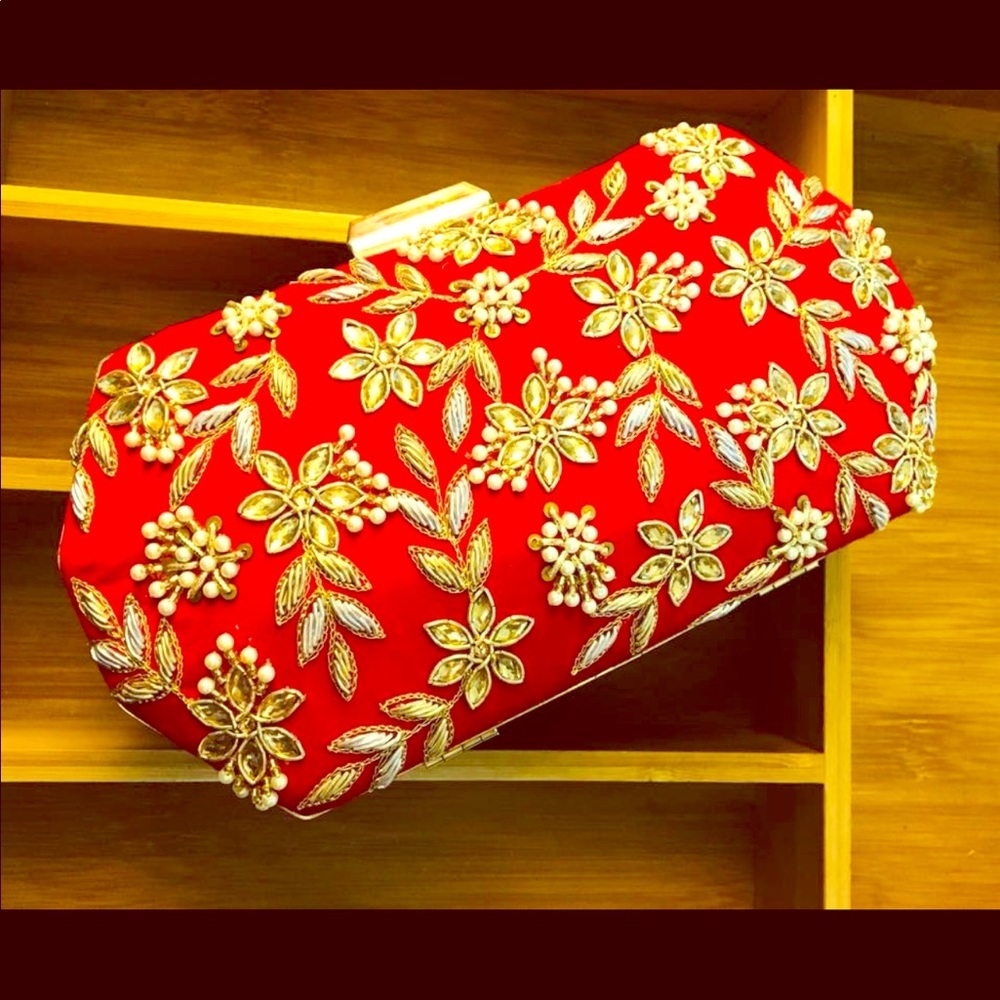 Hand-Embroidered Raw Silk Party/Wedding Clutch